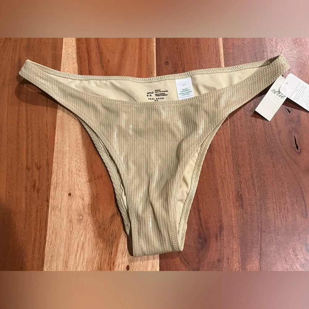 NWT Aerie Metallic Low Rise Cheeky Bikini Bottom in Golden Oak - Size M